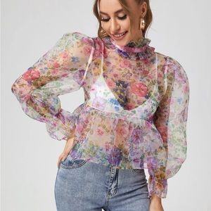 Frilled Neck Tie Back Floral Sheer Organza Top Without Bra